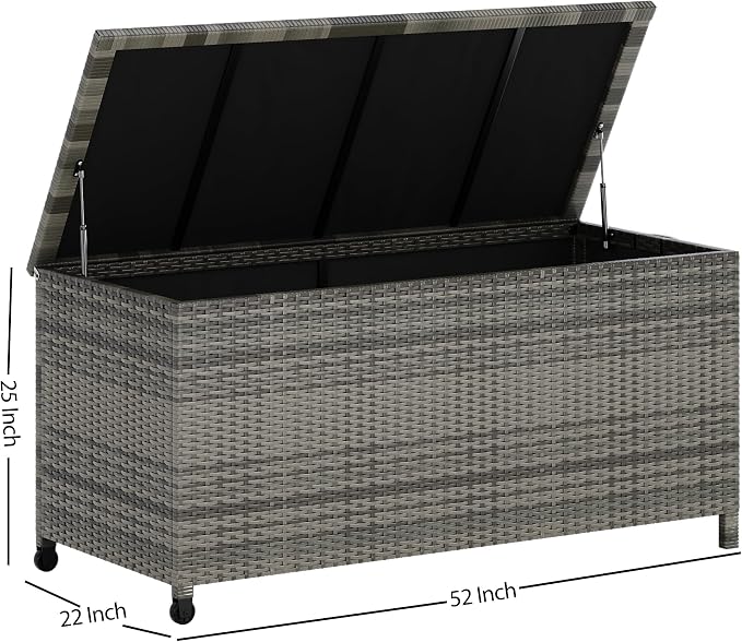 125 Gallon Outdoor Deck Box with Wheels, Waterproof PE Wicker Rattan & Aluminum Frame Storage Bin for Patio Cushions, Garden Tools, Pool Toys, Lockable Patio Furniture(Gray)