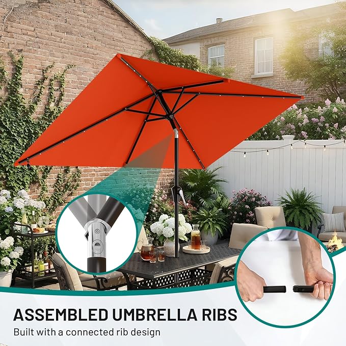 AreShark 6.5' x 10' Rectangular Patio Umbrella with Solar Lights, Solar Powered Lighted Market Umbrella w/Tilt and Crank, Outdoor Table Umbrella for Garden, Deck, Backyard, Pool and Beach, Orange