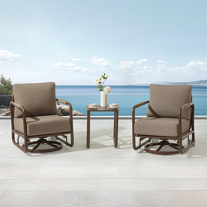 3-Piece Aluminum Outdoor Swivel Rocker Chair Set, 360° Swivel and Rocking Patio Chairs with 6.5-Inch Thick Cushions and Side Table, All-Weather Conversation Sofa for Backyard, Deck, Porch, Balcony