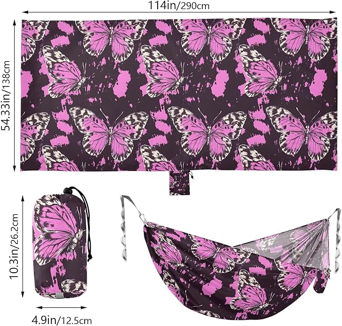 Camping Hammock Outdoor Hammocks for Outside Butterfly Hotpink Beach Trees Portable Lightweight with Pockets Tree Straps Indoor Small