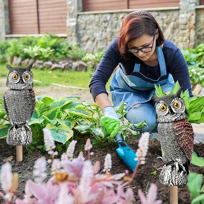 Fake Owl Decoys to Scare Birds Away-15.8 Inch, Rotating Head Sculptures, Nature Enemy Scarecrow Plastic Owl Statues, Bird Control and Pigeon Deterrent Outdoor for Outside, Patio, Yard