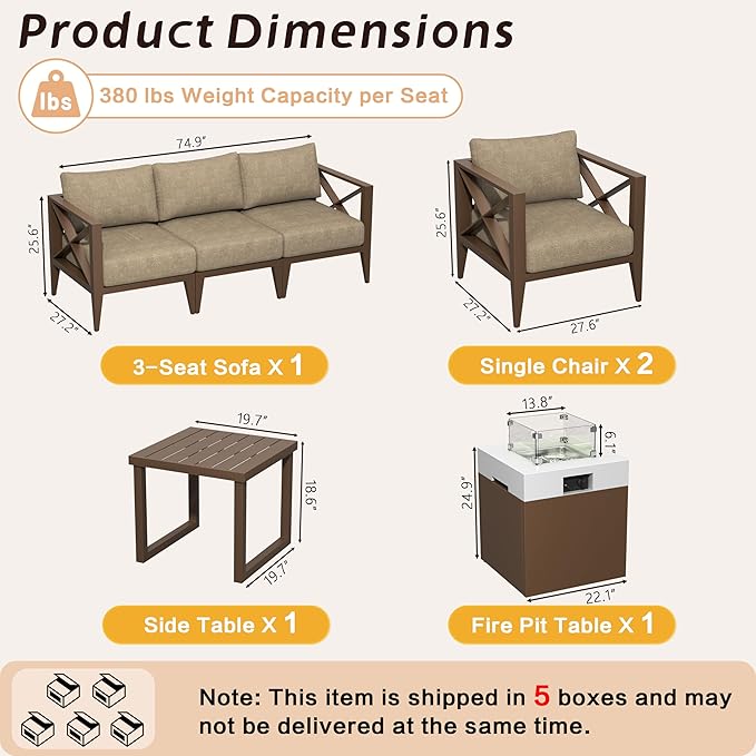 Aluminum Patio Furniture Set, 7-Piece Oversized Outdoor Conversation Set with Fire Pit Table & Coffee Table, All Weather Modern Brown Sofa for Deck, Garden, Poolside