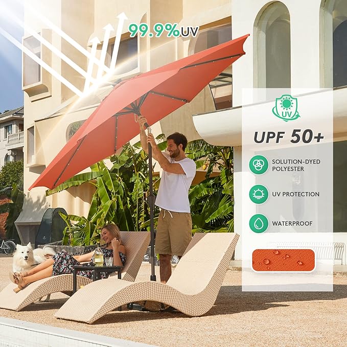 JEAREY 9FT Outdoor Patio Umbrella with Solar Lights, LED Lighted Pool Umbrella with Tilt and Crank, Outdoor Table Umbrellas for Deck, Yard & Market (Orange)