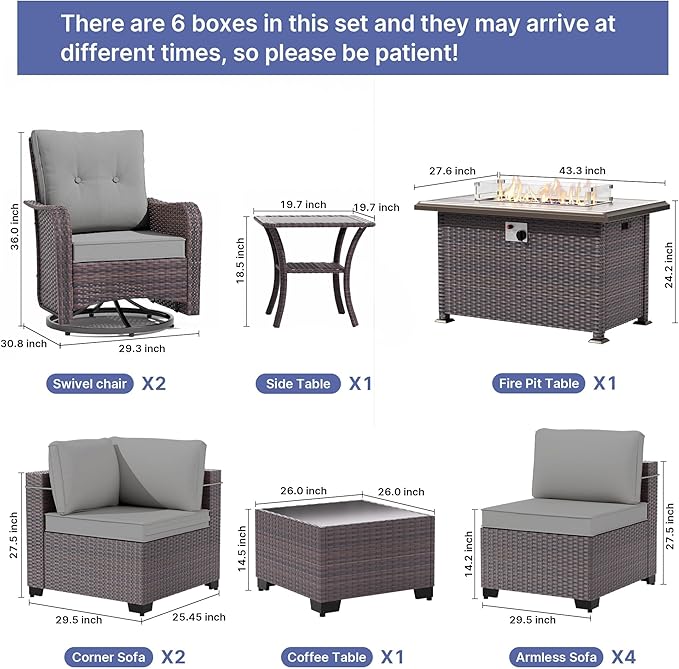 Gotland 11 Pieces Patio Furniture Set with Fire Pit Table Swivel Chairs, PE Rattan Outdoor Furniture with 29.5'' High Backrest 4’’ Thick Cushions, Outdoor Sectional for Porch, Deck, Garden, Grey