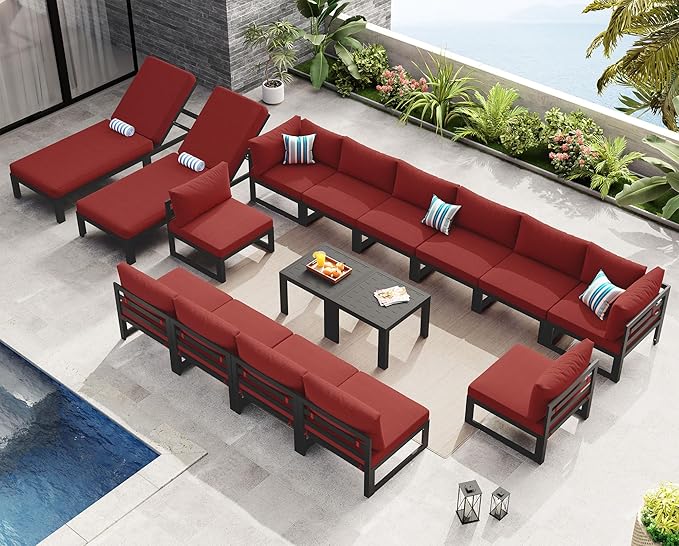 NICESOUL 16 Piece Oversized Modular Aluminum Outdoor Furniture Set with Chaise Lounge, 29" Deep and Wide Sectional Seating, 500 lbs High Weight Capacity Patio Conversation Set for Poolside, Burgundy
