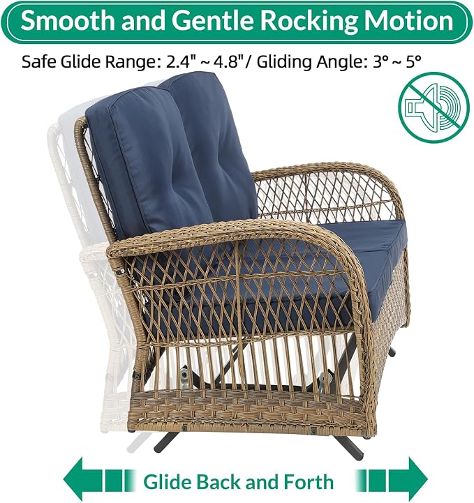 VIVIJASON 2-Piece Patio Wicker Loveseat Glider Set, Outdoor Conversation Furniture Set with 2-Seater Rattan Glider Rocking Bench and Glass-Top Coffee Table for Porch Garden Backyard, Navy Blue