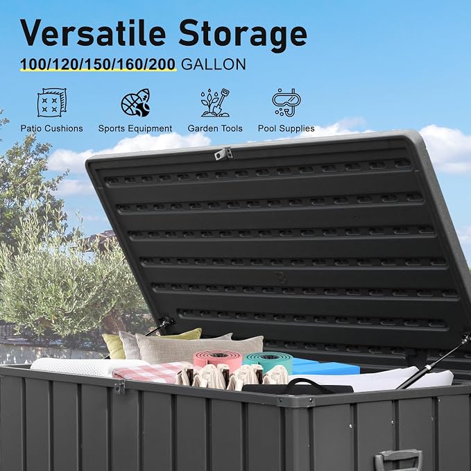 Domi Deck Box Outdoor Storage Box 120 Gallon, Large Metal Storage Cabinet with Resin Lid, Waterproof Lockable Patio Storage Box for Cushions Garden Tools Pool-Supplies, Dark Grey
