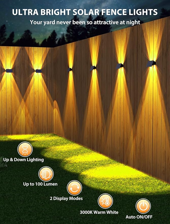 Solar Fence Lights,12Pack Solar Lights Outdoor Warm White Up & Down Wall Lights Waterproof 100 Lumens Dusk to Dawn Solar Powered Fence Light for Outside/Backyard/Pool/Railing/Patio/Porch/Step