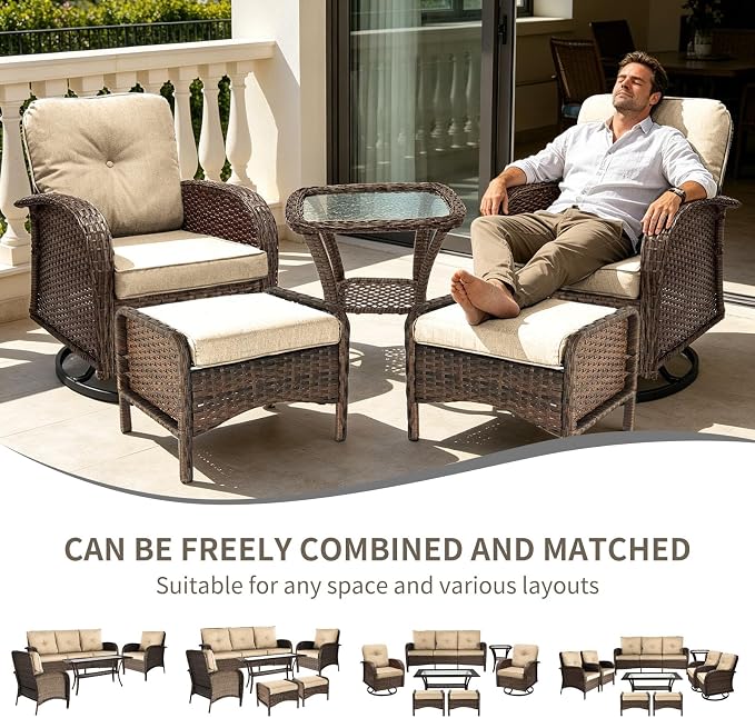 Outdoor Swivel Rocker Patio Chairs (Brown Wicker/Khaki Cushion, 5PC/Swivel & Side Table & Ottomans)