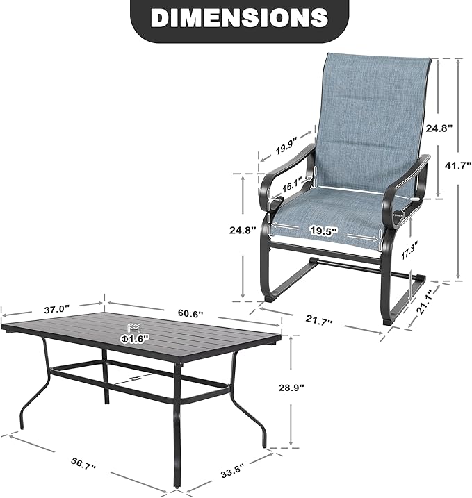 NUU GARDEN 7PCS Patio Dining Set with 1.6 Inch Umbrella Hole Powder-Coated Metal Frame Outdoor Furniture with 6 Padded Textilene C-Spring Chairs and Table for Backyard Garden Poolside Lawn Black Blue