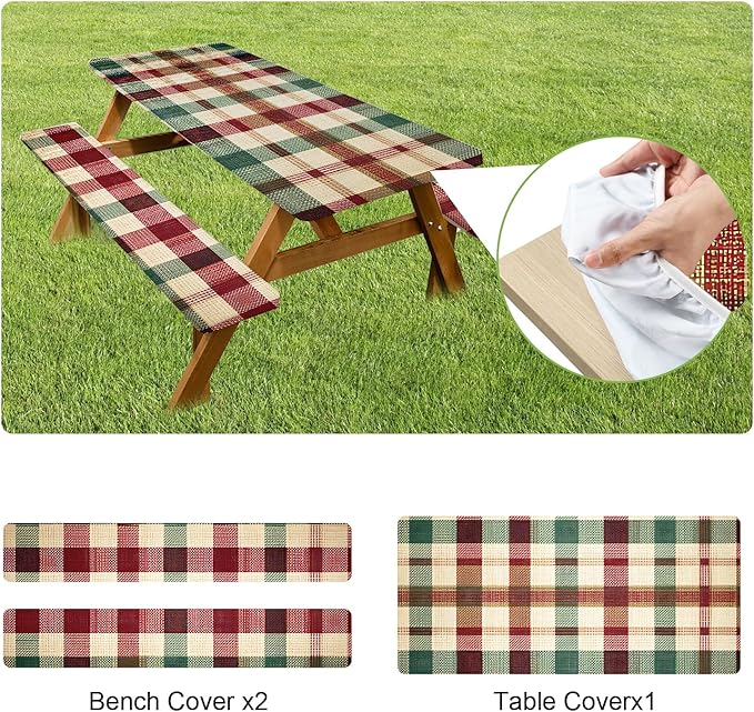 ANNA QUEEN Classic Plaid Picnic 6FT Picnic Table Cover with Bench Covers Set of 3 with Drawstring Bag, Checkered 72"x30" Waterproof Picnic Tablecloth & Bench Covers for Outdoor BBQ