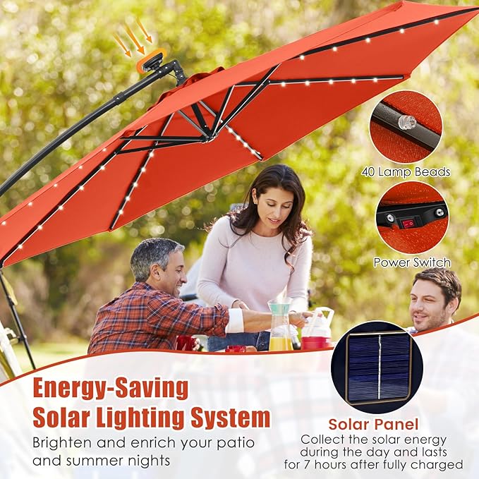 Tangkula 10 Ft Patio Offset Umbrella, 40 LED Lighted Market Umbrella W/8 Sturdy Ribs, Easy Tilt Adjustment & Crank, Polyester Shade, Ideal for Backyard, Garden, Seaside, Store, Pool (Orange)