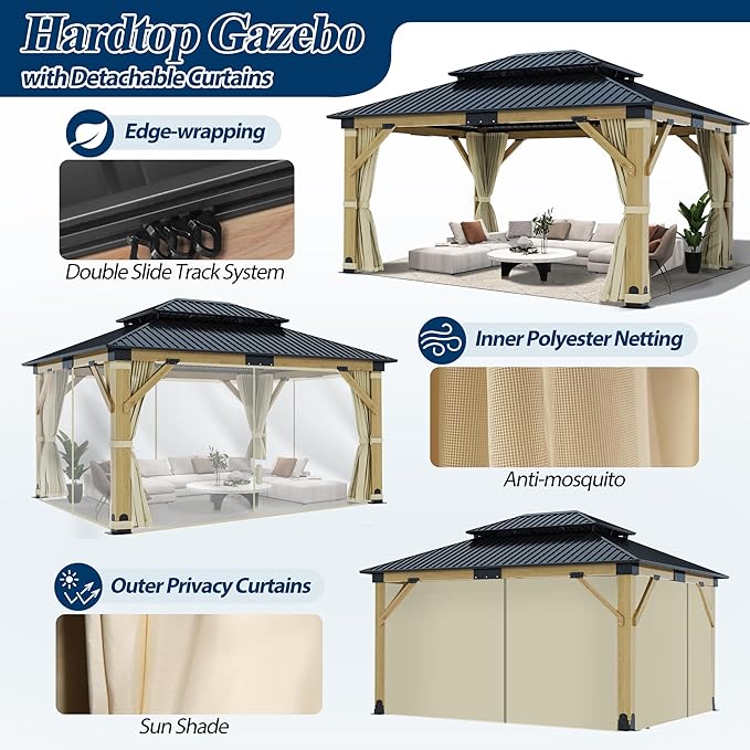 COVERONICS 13FT x 15FT Outdoor Wooden Gazebo - Patio Wood Frame Gazebo with Galvanized Steel Hardtop, Heavy-Duty Hardtop Gazebos with Netting & Curtains for Garden, Poolside, Deck, Backyard