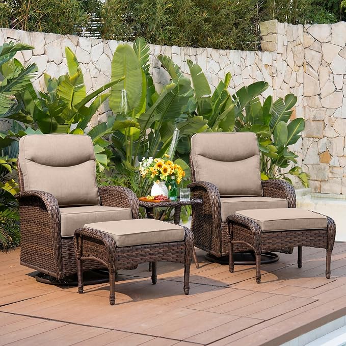 Belord Upgraded 6“ Cushion Luxury 5 Pieces Patio Furniture Set - All Weather Wicker Outdoor Swivel Rocker Patio Chairs of 2 with Ottomans, High Back Glider Chairs Set for Deck Porch - Brown/Beige