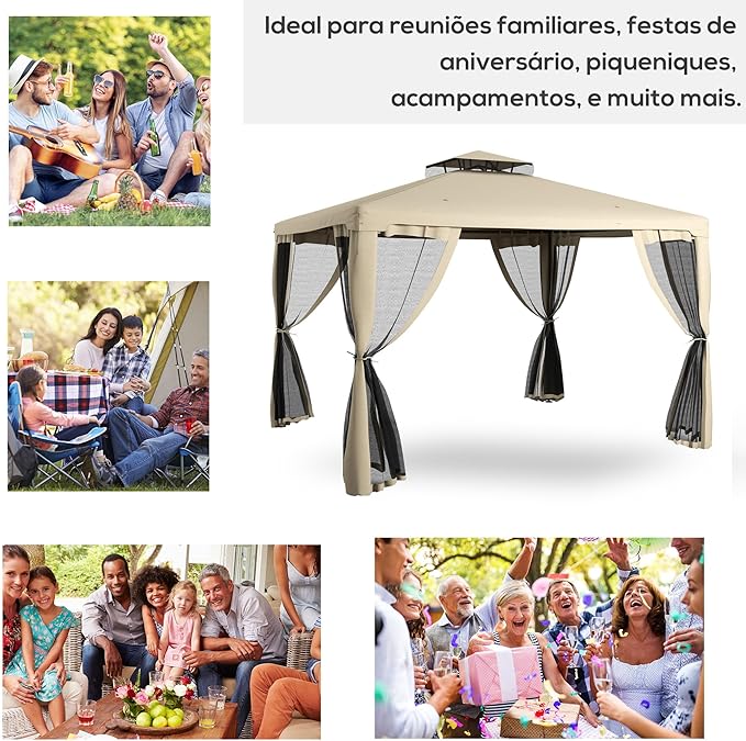 Outsunny 9.6' x 11.6' Patio Gazebo, Outdoor Canopy Shelter with 2-Tier Roof and Netting, Steel Frame for Garden, Lawn, Backyard, and Deck, Taupe