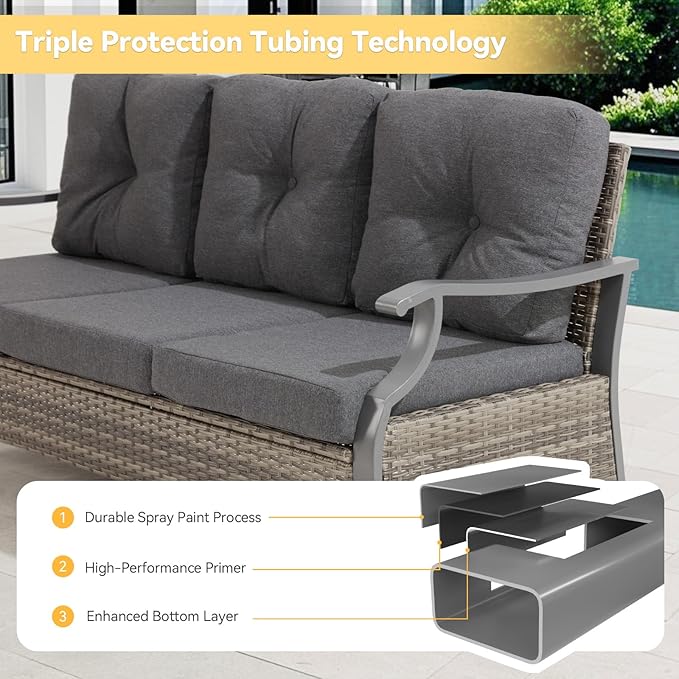 Outdoor Patio Furniture Set, 6 Pieces Outdoor Conversation Sets with Coffee Table, Side Table & Ottoman, Wicker Rattan Outdoor Sectional Sofa Set for Backyard, Deck, Porch, Poolside, Gray