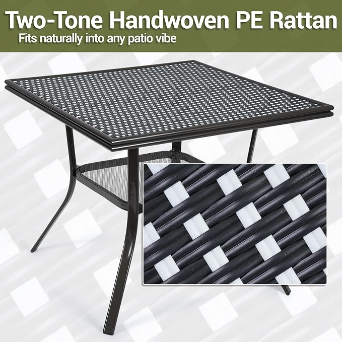 35.2" Outdoor Dining Table for 4 Person, Square Patio Dining Bistro Table with Sturdy Metal Frame & Adjustable Foot Pads for Garden, Backyard and Porch, Partitioned Storage Rack, Black
