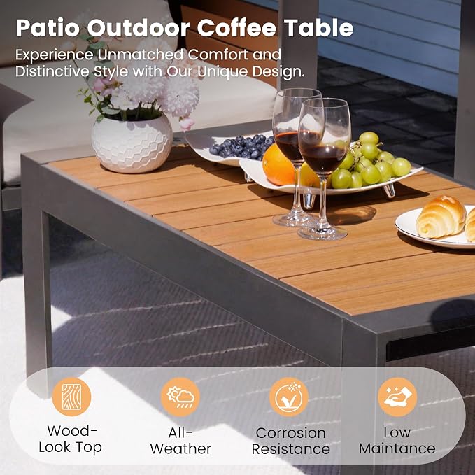 Sundale Outdoor Patio Coffee Table, Rectangular Outdoor Coffee Table with Glitter Shimmer Coated Aluminum Frame and Wood-Like Top, All Weather Deck Table for Patio, Balcony, Deck