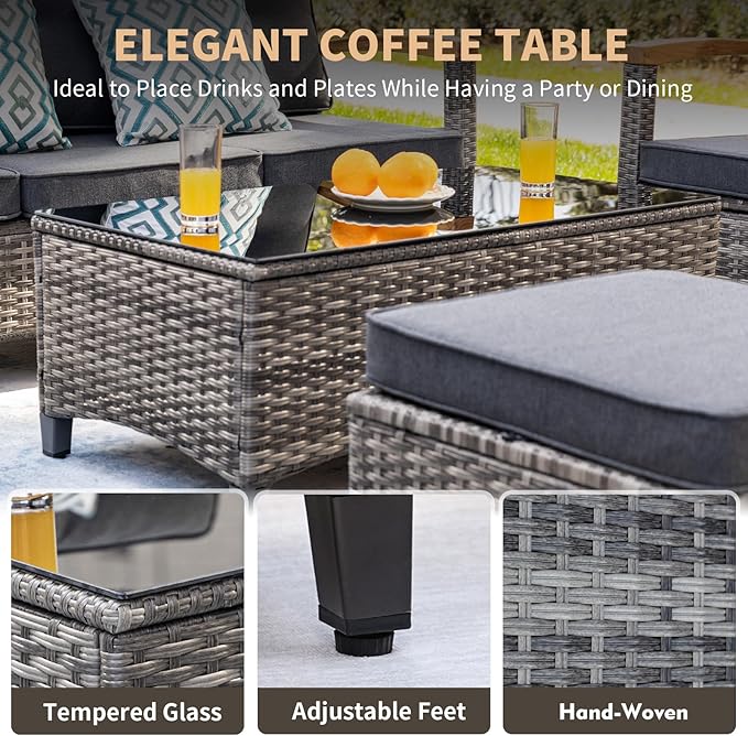 MEISSALIVVE Patio Furniture Sets, 6 Pieces Outdoor Rattan Furniture Conversation Sets with 2 Wood Armrests Swivel Rocker Chairs, 2 Ottoman, 3-Seat Sofa and Coffee Table(Grey)