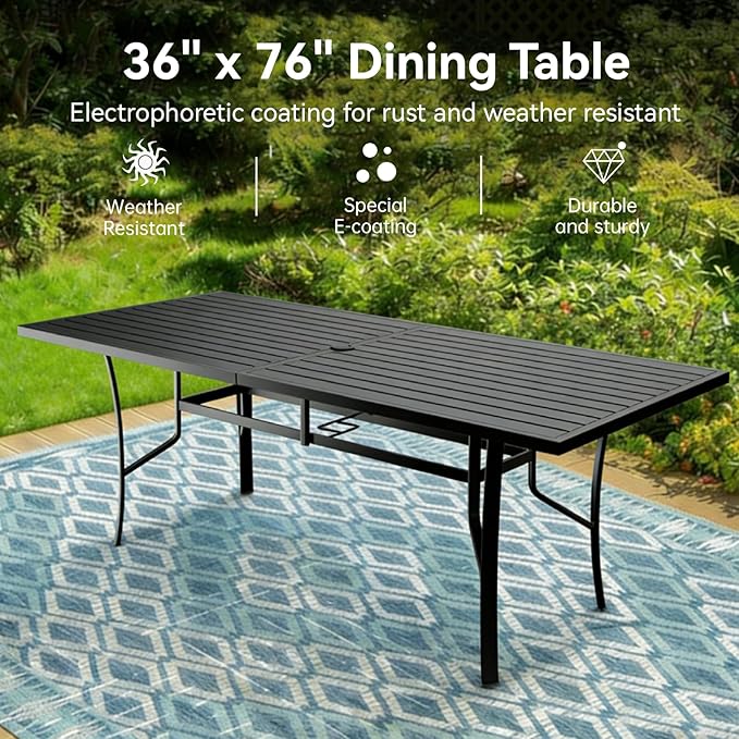 9 Pieces Outdoor Dining Table 76"x36"+ 8 Patio Dining Chair Set, Rectangle Patio Dining Table and Chairs with Stable Metal Frame for Garden, Backyard, Umbrella Hole Design, Suitable for 8 People