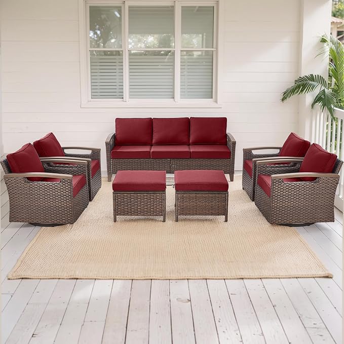 Rilyson Wicker Outdoor Patio Furniture Set - 7 Piece Patio Conversation Sets with Swivel Rocker Chairs, Ottomans, and Sofa, Thick Cushions, Waterproof Wicker, for Porch Deck Brown/Red