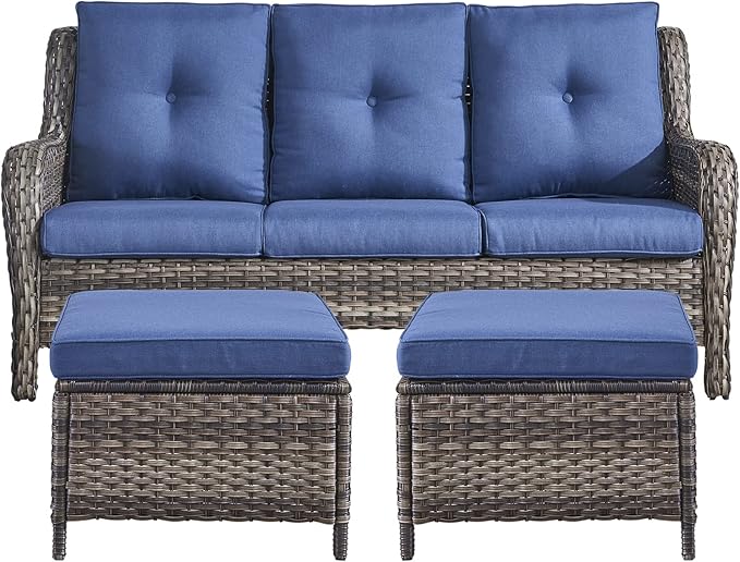 Rilyson 3 Piece Wicker Patio Furniture Set - Outdoor Rattan Patio Comversation Set with 1 Sofa and 2 Ottomans for Outside Porch Deck Garden(Mixed Grey/Blue)