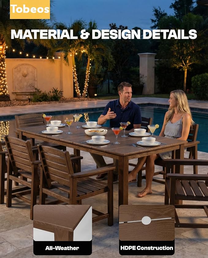 9-Piece Outdoor Dining Set with Aluminum Frame for 8,Brown | HDPE material, 2" umbrella hole, patio table and chairs, ideal for yard, lawn, garden, balcony, deck, poolside