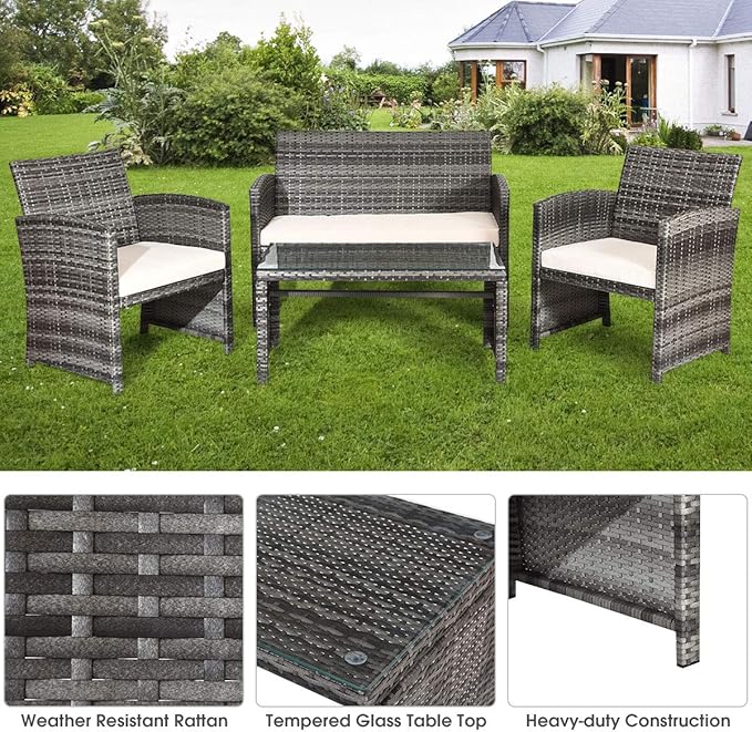 COSTWAY Patio Furniture Set 8 Pieces, Outdoor Wicker Chairs Sofa w/Coffee Table and Soft Cushions, Rattan Conversation Sets for Patio Lawn Backyard Yard Pool Garden, White