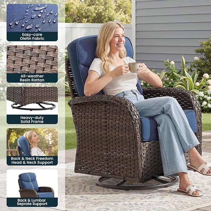 High Back Luxury Patio Furniture Set with 6-inch Thick Cushion, Swivel Rocker Patio Chairs with Outdoor Couch, 6 Piece Wicker Conversation Set for Deck Yard Garden Balcony Blue Cushion