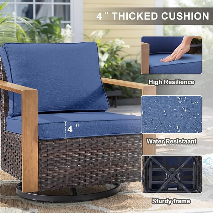 Belord Modern Outdoor Patio Furniture 7 - Person Outdoor Swivel Glider Seating Group, Backyard Wicker Furniture Set with Aluminum Armrests, Brown Wicker Blue Cushion