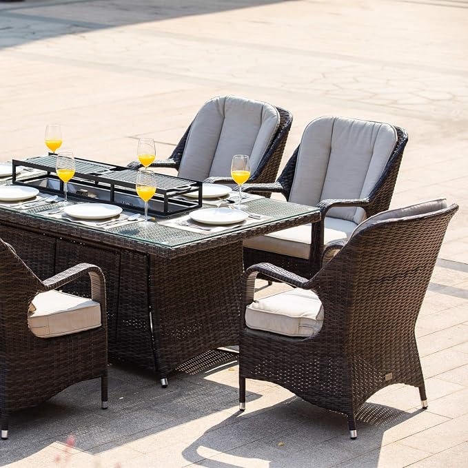 Abrihome® 7 Piece 6-Seat PE Rattan Wicker Outdoor Patio and Garden Rectangular Fire Pit Dining Table Set (Glass Tabletop)