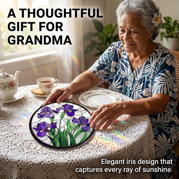 Birthday Gifts for Women - Purple Iris Faux Stained Glass Window Hanging Sun Catcher for Door Garden Acrylic Flower Decor Mother's Day Christmas for Mom Nana Friend Grandma Wife 9.8"