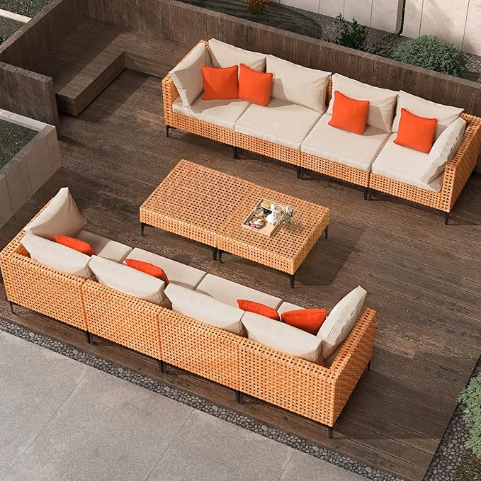 10 Piece Outdoor Patio Furniture Set Modular Outdoor Furniture Set Wicker Outdoor Sectional Sofa with Cushions and Tea Table Patio Set for Balcony Porch Deck Yard (Salmon&Orange Wicker, Sand Cushion)