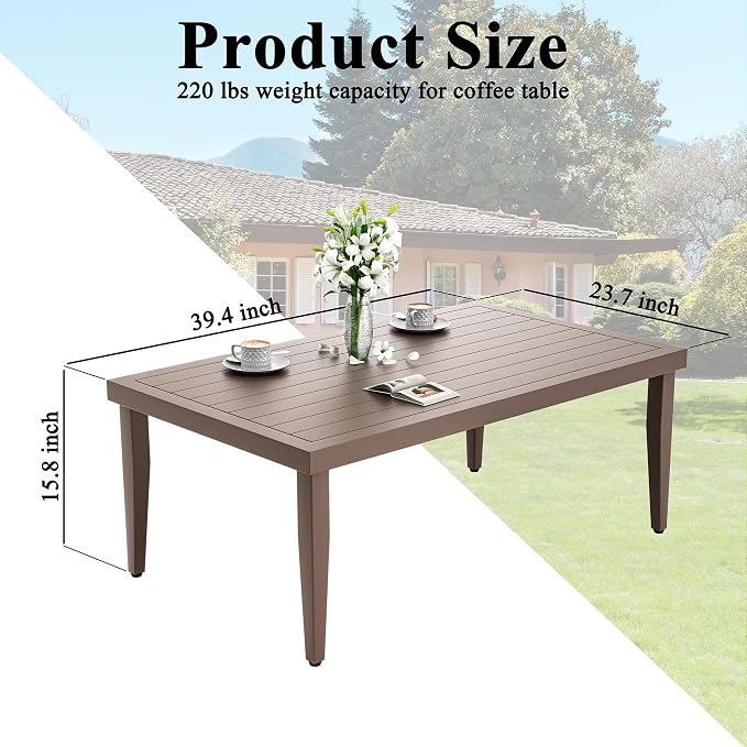 40" Aluminum Outdoor Patio Coffee Table, All-Weather Rust-Resistant Patio Coffee Table with Slatted Top, Modern Rectangular Outside Furniture for Garden, Deck, Balcony and Poolside, Brown