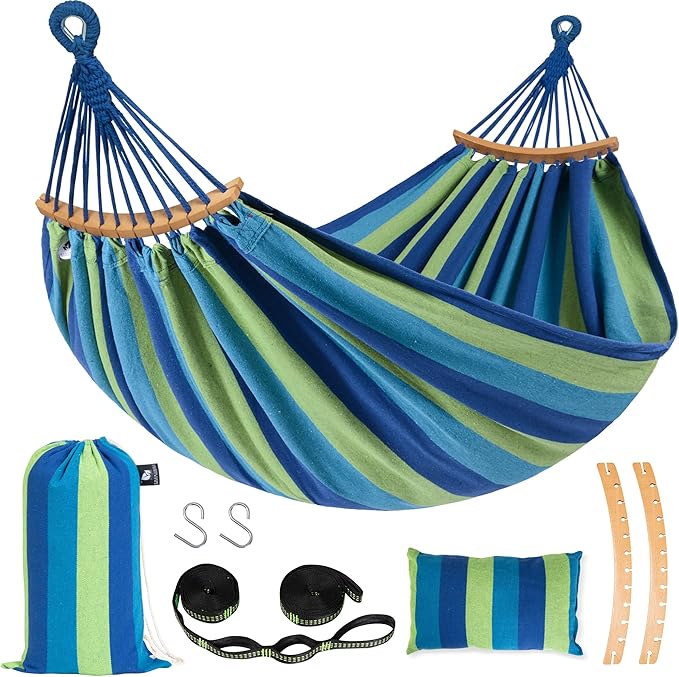 SUNCREAT Hammocks Outdoor Camping Double Hammock with Spreader Bar, Carrying Bag, Blue & Green