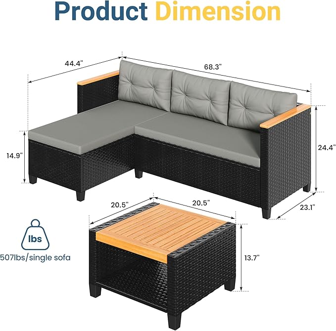 Green4ever 3-Piece Outdoor Patio Furniture Set, All-Weather PE Rattan Small Patio Sectional Sets with Storage Table, L Shaped Outdoor Couch with Cushions, Small Patio Sofa for Balcony Garden, Grey