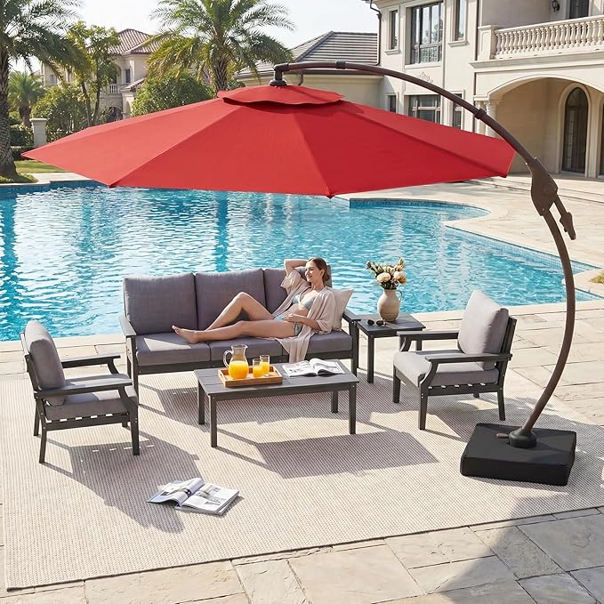 Cantilever Umbrella with Heavy-Duty Base, Outdoor Large Round Aluminum Offset Umbrella for Patio Garden Backyard, UV-Resistant Waterproof Canopy, 360° Rotation & Tilt Adjustment