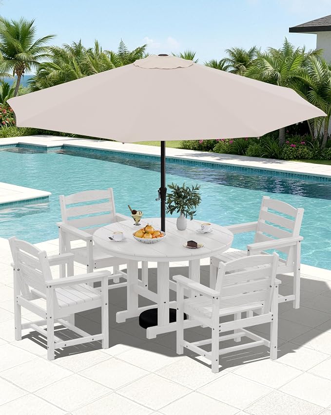 SERWALL 6-Piece Patio Dining Sets, HDPE Outdoor Table and Chairs Furniture Set with Umbrella, 45" Round Dining Table & 4 Dining Chairs & 1 9FT Umbrella, White(Not Include Umbrella Base)