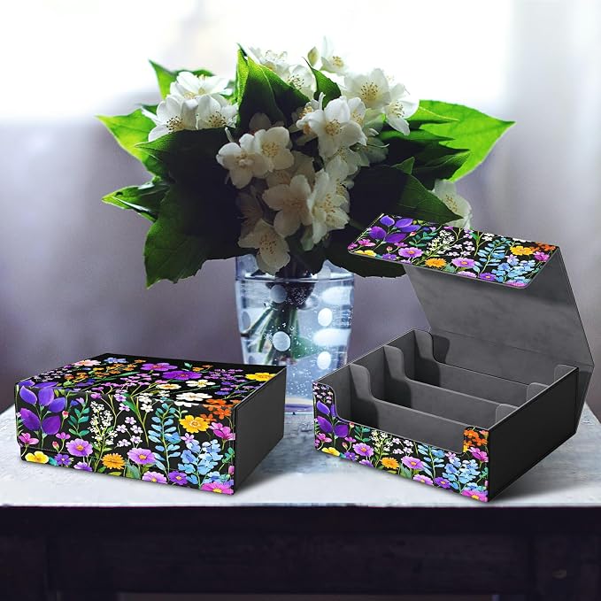 Card Deck Box for MTG, Cards Storage Box Fits 120+ Sleeved, Leather Big Size Strong Magnetic Closing Case for Board Games Magic TCG CCG Baseball Collection Women Man, Purple Wildflower