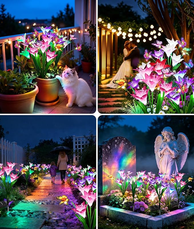 KOOPER Solar Lights Outdoor Garden Decor 6 Pack, 24 Lily Flowers and 18 Swaying Butterflies, IP65 Waterproof 7 Color Changing Solar Flower Lights for Yard Patio Pathway, Gifts for Mom Women Grandma