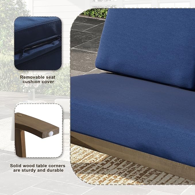 UIXE Wood Patio Furniture Sets, 3 Pieces All Weather Patio Loveseat Sofa Outdoor Sectional Futniture Backyard Conversation Set with Solid Wooden Coffee Table - Navy Blue