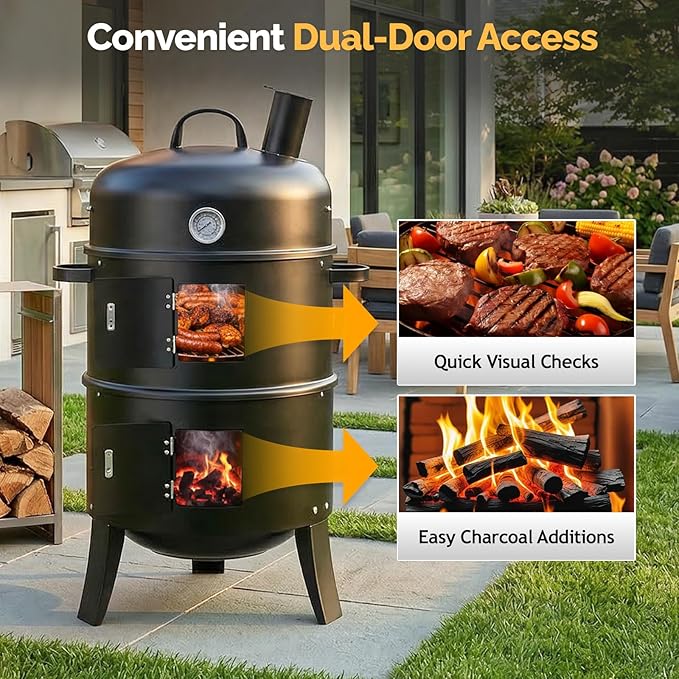 VINGLI Upgraded 18 Inch Vertical Charcoal Smoker, Multi-Layer Round Grill with Thermometer & Chimney, Heavy Duty Outdoor BBQ Smoker for Patio Parties, Backyard Cooking