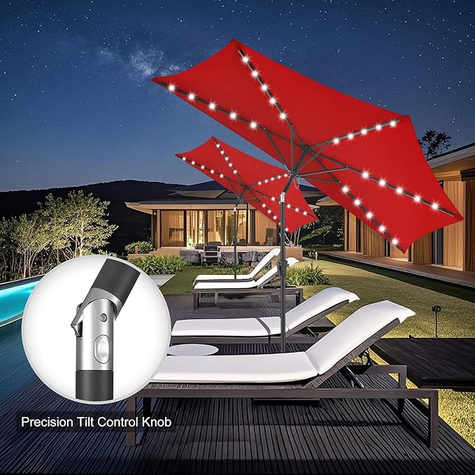 FLAME&SHADE 9 FT Solar Half Patio Umbrella with 25 LED Lights, Half Outdoor Umbrella with Button Tilt, Half Round Table Umbrella For Deck, Backyard, Balconies, Decks, Rvs, UV Protection (Red)