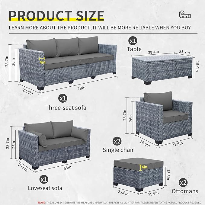 7 Piece Wicker Patio Furniture Sets Outdoor Conversation Set, PE Rattan Sectional Sofa Couch with Storage Table and Non-Slip Grey Cushions, Furniture Covers Included