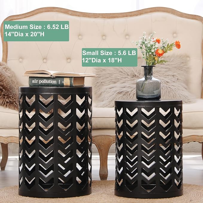 Y&M Outdoor Side Tables Set of 3, Nesting Metal End Coffee Tables, Indoor Round Accent Metal Tables for Patio, Porch, Balcony, Garden, Sunroom, and Living Room, Black