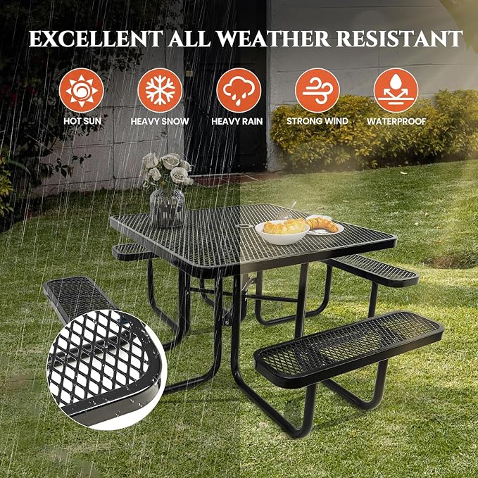 47'' Heavy Duty Picnic Square Table with 4 Benches, Up to 8 People Expanded Meta Outdoor Patio Dining Table with Umbrealla Hole, Outdoor Bench Set Steel Mesh Dining Furniture for Garden, Lawn, Patio