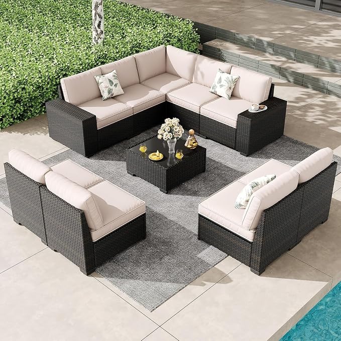 10 Pieces Outdoor Patio Furniture Set Wicker Rattan Conversation Sets with Tea Table Thick Cushioned Patio Sofa for Garden Backyard Porch Poolside Seating Peacock(Beige)