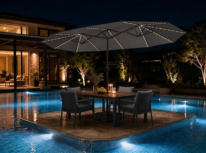 PURPLE LEAF 14ft Patio Market Umbrella with Solar LED and Base Double-Sided Rectangle Outdoor Table Sun Umbrellas with Crank for Pool Beach Deck Backyard Light Gray