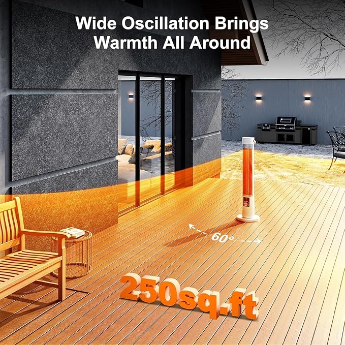 Outdoor Heater for Patio for porch garage indoor use, 9H Timer, 60° Oscillation & 9 Heat Level, Tip-Over/Overheating Protection, Safety Lock, Super Quiet, IPX5, White