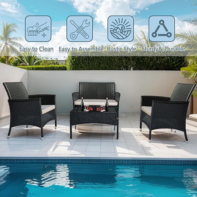 PatLoom 4-Piece Outdoor Furniture Set,Dark Brown Rattan Wicker Patio Sofa,Elegant Patio Conversation Set with Glass Top Coffee Table for Garden, Backyard, Poolside, Balcony (Beige Cushions)